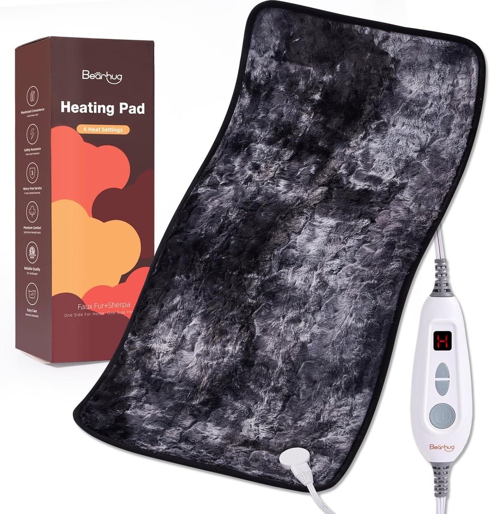 Bearhug XXL Electric Heated Pad 17 x33 "Double-Sided Fur Hate Pad, 6 Heat Levels, 2-Hour Auto- Off, Moist & Dry Heat Therapy for Back Pain Relief, Machine Washashable, ETL Disertifikasi