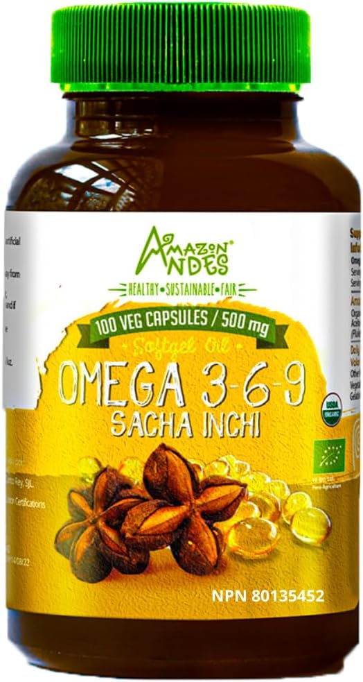 Andes Sacha Inchi Oil Capsules - Sumber omega 3, 6 dan 9 - Healthier Sumber Estist Acids - Vegan, Non-GMO, Allergen- free & Gluten Free - 100 Softgel Pills (500mg) - Dibuat di Peru