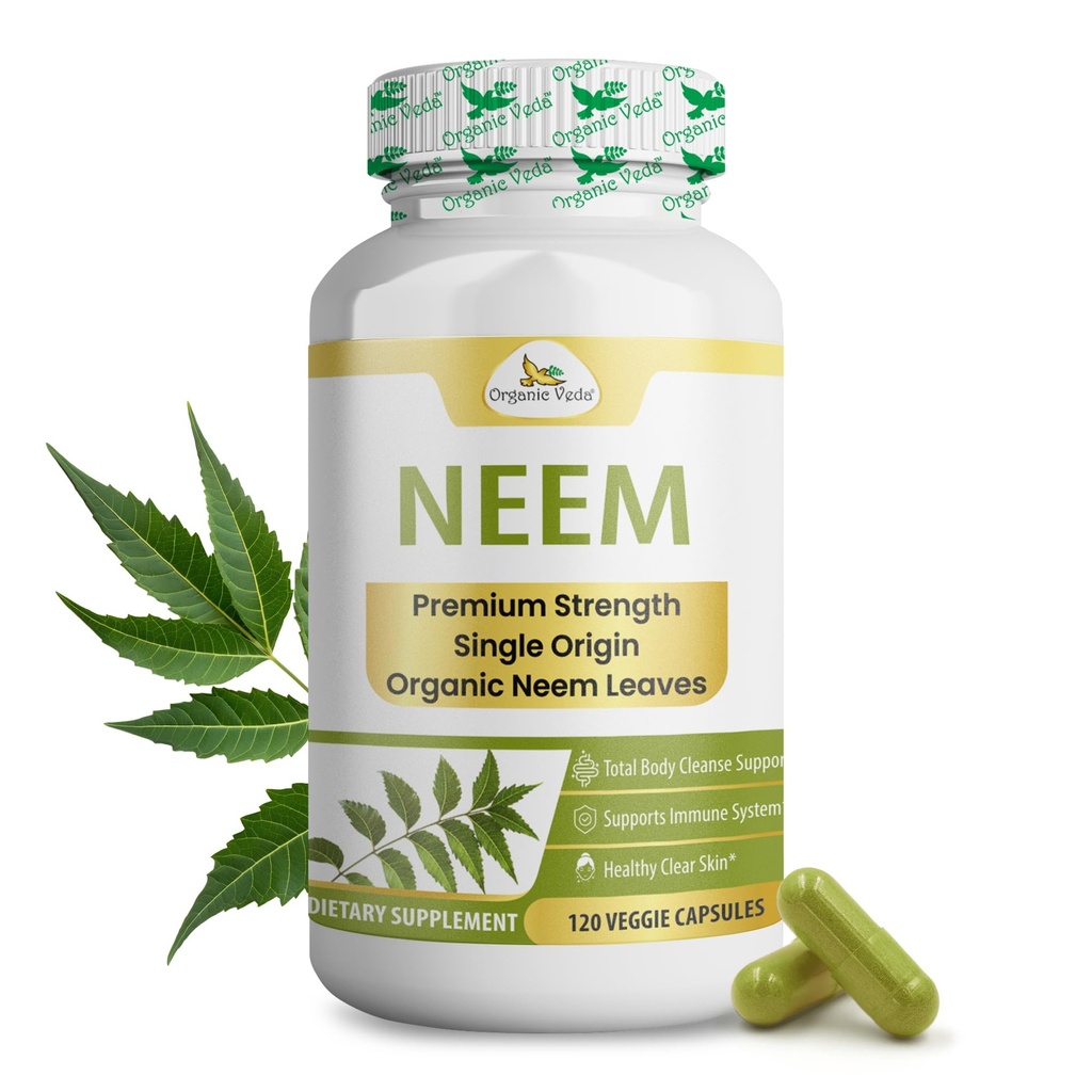 Veda Neem Capsules, 1000mg - Suplemen Organik Herbal Dibuat dengan Ayurvedic India Neem Leaf Poader - Mendukung Radiant Skin, Imune, Detox, Inflammatory Inflammatory Respon - 120 Vevgie Capsules