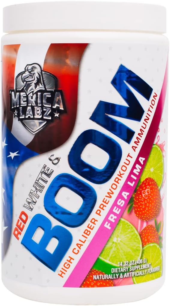 'Merica Labz Red, White, and Boom, High Caliber Pre Workout dengan VasoDrive-AP ®, 350mg Caffeine, Max Energy, Pompa dan Fokus, Induksi Darah Flow dan Muscle Volume, 20 Servings (Fresa Lima)
