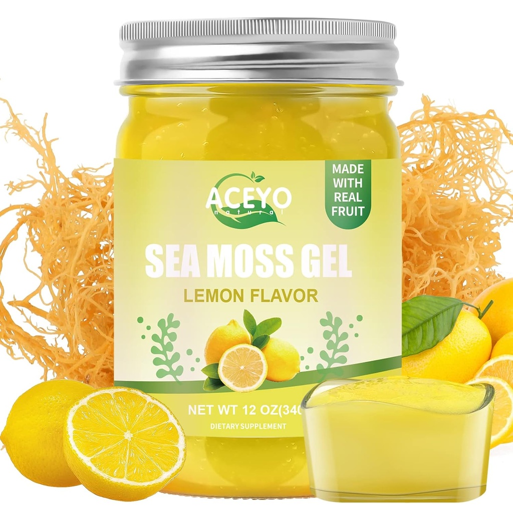 ACEYO (12 OZ) Irish Moss Gel Organic Raw Vegan Lemon Flavor 102 Vitamin dan Minestray Wild Harowed None-GMO Defense Booster Thyroid Digetsy Support