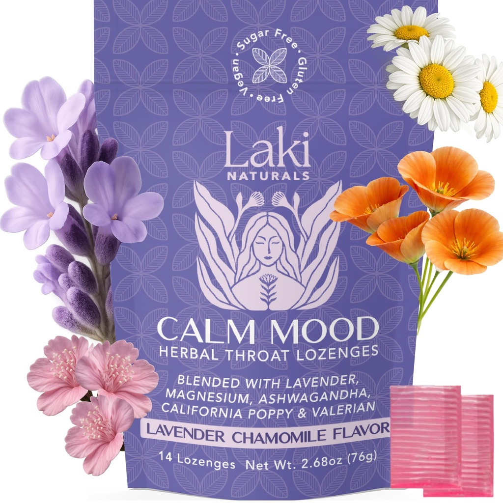 Laki Averal Lavender Chamomile Cry Mood Functional Herbal Lozenges (14ct) Throat & Calming Hard Candies with Magnesium, Ashwagandha, California Poppy & Valerian. Vegan, Sugar Free, Gluten Free