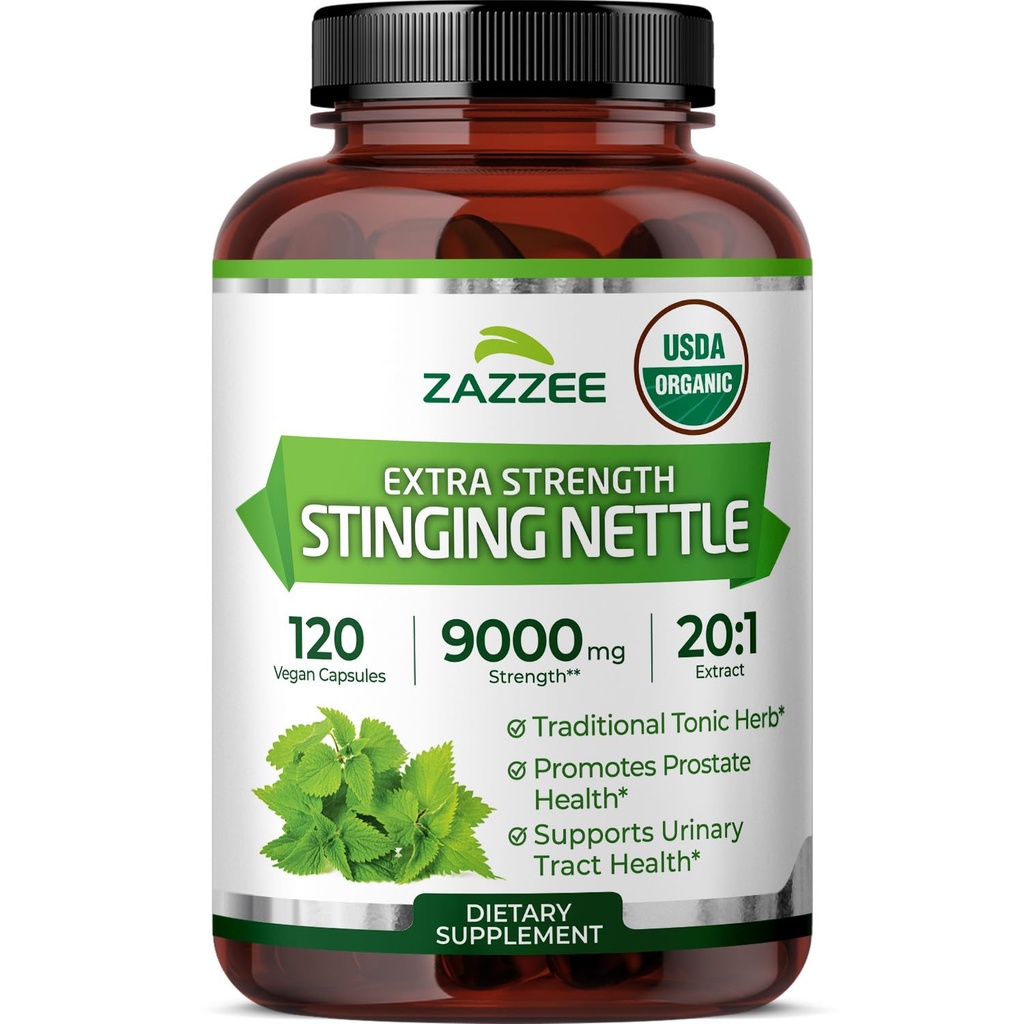 Zazzee USDA Organik Stanging Nettle 20: 1 Ekstrak, 9000 mg Kekuatan, 120 Vegan Kapsul, 4 Bulan Supply, Terkonsentrasi, distandardisasi 20X Ekstrak, Sertifikasi Organik, 100% Vegetarian, All- Natural, Non-GMO