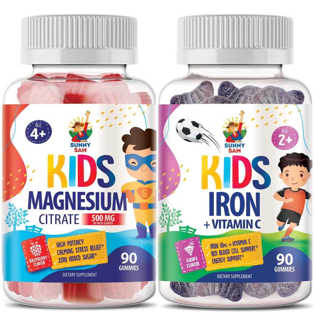 SUNNY SAM Iron Gummies for Kids & Magnesium Gummies for Kids & Adults - 500mg - Calm Magnesium Chews - Magnesium Citrate Chewable Suppplemen Mood & Muscle