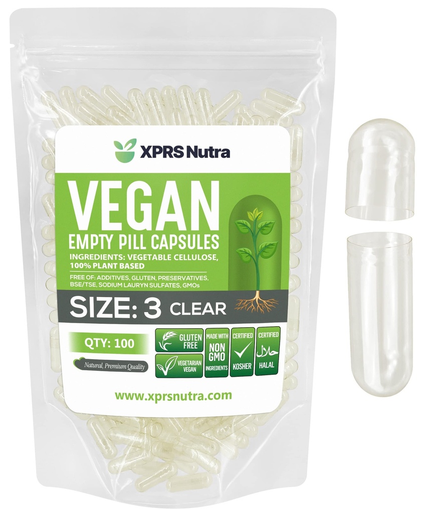 XPRS Nutra Ukuran 3 Kapsul Kosong - 100 Cacah Capsules Vegan Kosong - Colls Vegetarian - DIY Kasule Filling - Veggie Pill Caps