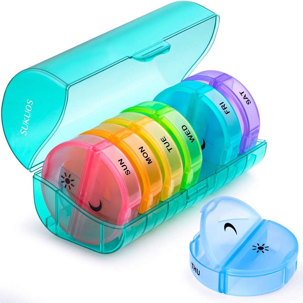Sukuos Large Weekly Pill Organizer 2 Times sehari, Kotak Pil Harian 7 Hari Mudah Dibuka dengan Perlindungan Ganda, Kasus Pill PM untuk Obat / Vitamin / Minyak Ikan / Suplemen (Cyan)
