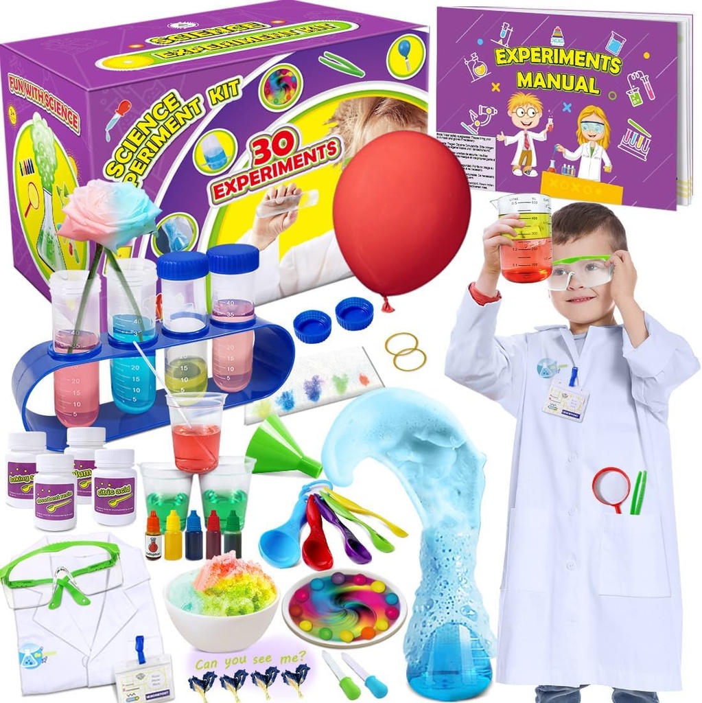 UNGLINGA 30 Eksperiments Science Kit for Kids with Lab Coat, Chemistry Set STES Toys Birthday Gifts for Boys Girls, Scientist Costume Pole Play Tools Educalying Set