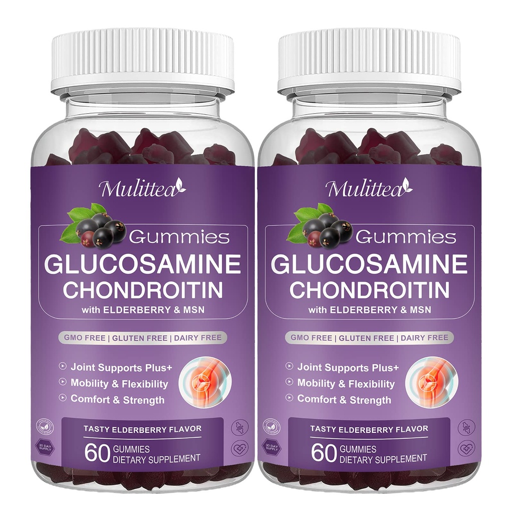 Mulittea Glucosamin Chondroitin Gummies - Ekstra Kekuatan Dukungan Dukungan Bersama dengan MSM & Elderberry untuk Gabungan Alam, Dukungan Imuniune Antioksidant untuk Dewasa, Pria & Perempuan