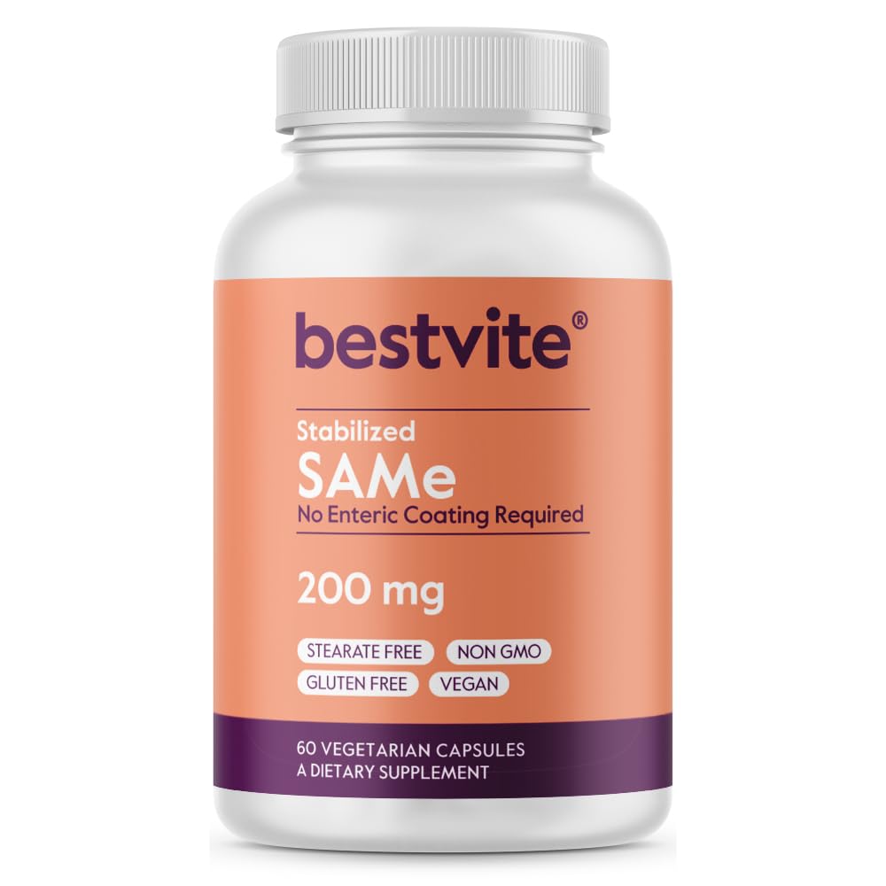 STASIUN BESTVITE SAM-e 200mg Stabilisasi (60 kapsules Vegetarian) - Mudah untuk Swallow Capsule Form - Tidak ada Needed Coat ensiik Titanium Dioksida - Tidak Ada Steates - Vegan - Non GMO - Gluten Bebas