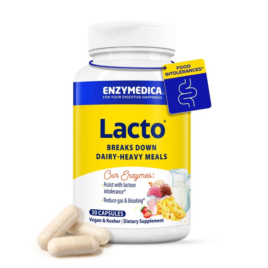 Enzymedica Lacto, Advanced Lactase Pills for Dairy Dues, Helling Break Down Laktosa, Casein & Fat, Dairy Relief Pills, Vegan, 30 Capsules