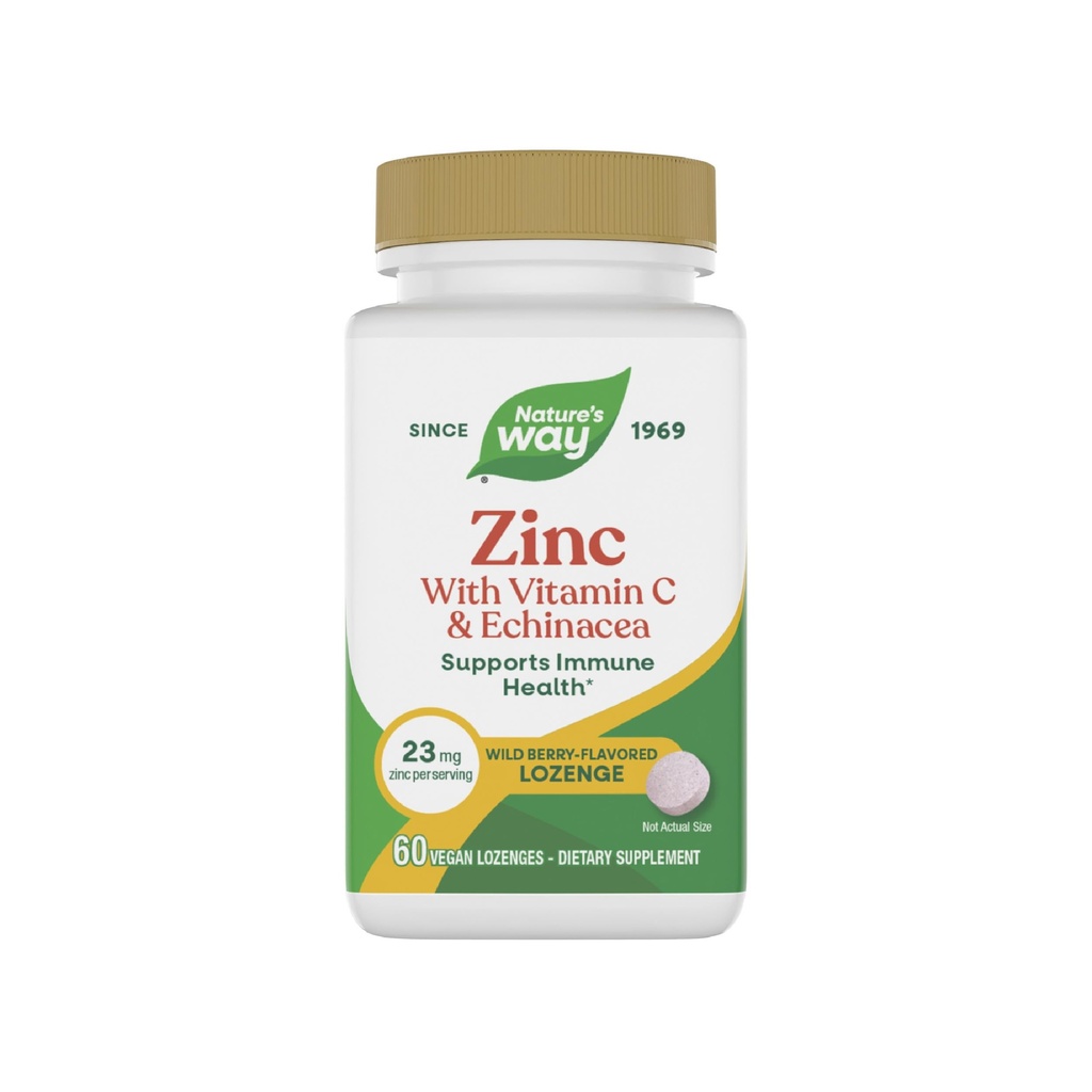 Nature 's Way Zinc Lozenges with Vitamin C & Echinacea, Zinc Suplemen untuk Men and Women, Imune Support *, Wild Berry Flavor, 60 Lozenges (Packaging May Vary)