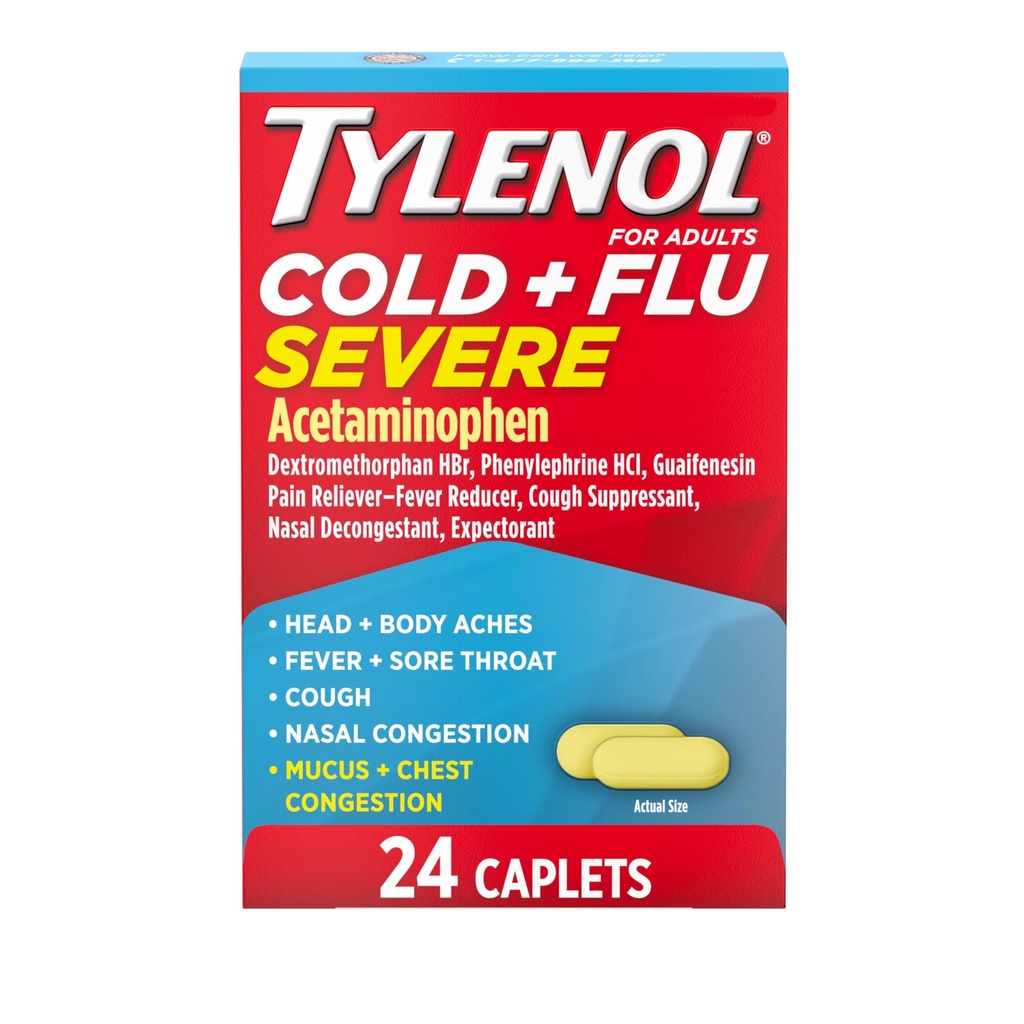 Tylenol Cold + Flu Praster Medicine Caplets for Fever, Pain, Batuk & Contraffic, 24 ct.