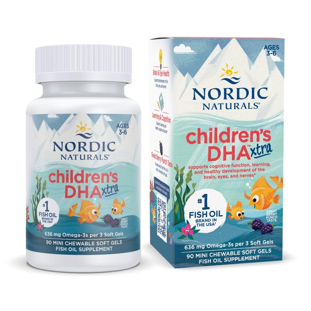Nordic Comment 's DHA Xtra, Berry Punch - 90 Mini Chewable Soft Gels for Kids - 636 mg Omega- 3s EPA & DHA - Kognitive & Immune Mansion, Learning, Social Development - Non-GMO - 30 Servings