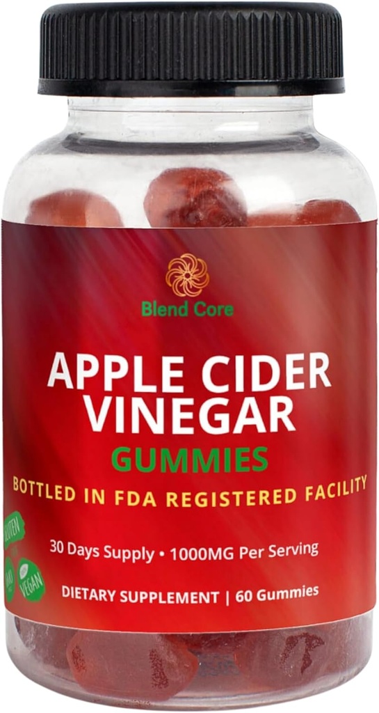 Apple Cider Vinegar Gummies dengan Vitamin B12 - Vegan, Gluten- Free, Non- GMO - Apple & Purple Carrot Flavored - 1000mg ACV - 60 Gummies, 30- Day Suppply