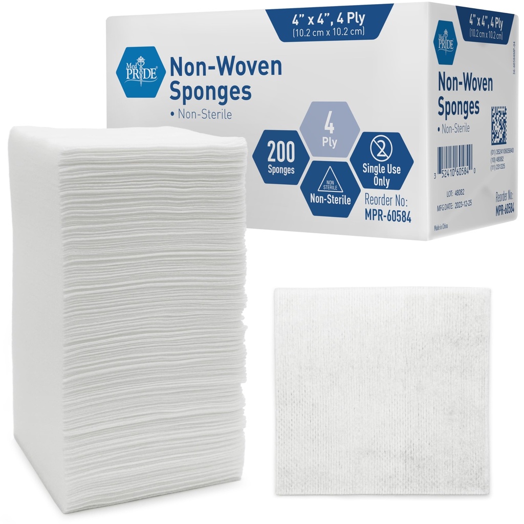 MED PRIDE Non- Woven Non- Sterile Spons Bedah 200 Pack, 4in X 4in 4-Gauze Paid untuk Pertama Aid Wound Care