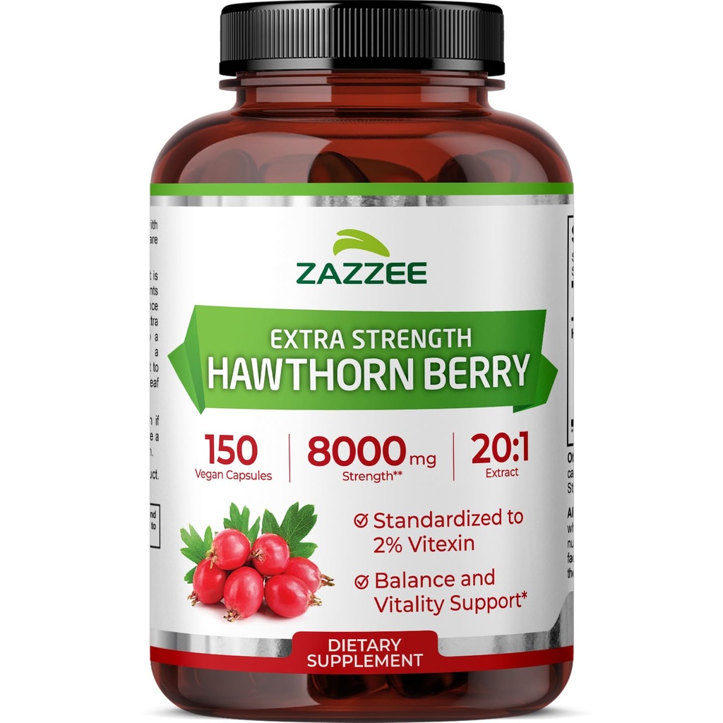 Zazzee Ekstra Kekuatan Hawthorn Berry 20: 1 Ekstraksi, 8000 mg Kekuatan, 2% Vixin, 150 Vegan Kapsul, 5 Bulan Supply, Terkonsentrasi dan Standardisasi Extract 20X, Non-GMO dan All-Natural