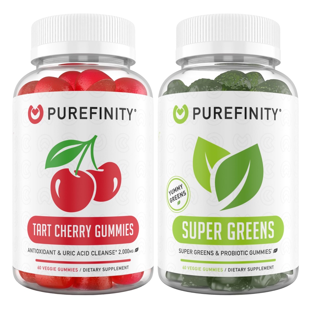 Tart PUREFINITY Cherry dan Super Hijau Gummies Bundle (Uric Acid Flush & Cleanse with Your Daily Greens)
