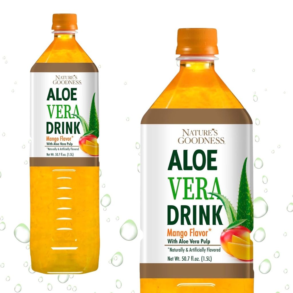 Nature 's Goodness Aloe Vera Drink with Pulp Mango Flavor - 50,7 Fl Oz (1.5 L) - Menyegarkan Beverage with Real Aloe Vera Juice