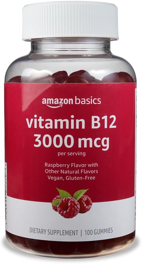 Basics Vitamin B12 3000 mcg Gummies, Normal Energy Production and Metabolisme, Immune System Support, Raspberry, 100 Count (2 per melayani) (Sebelumnya Solimo)