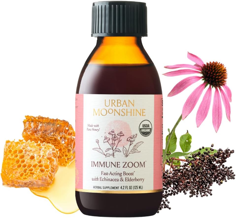 Urban Moonshine Immune Zoom - Fast- Acting Immunity Boost - Organic Elderberry Syrup - Echinacea - Raw Honey - Certifikasi Organik - Natural - 4.2 Fl Oz