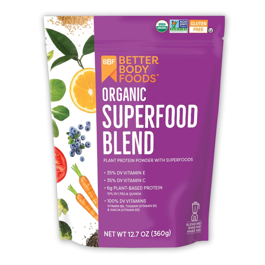 BetterBody Foods Organic Superfood Powder dengan Protein, Vitamin C, E, dan B12 (12,7 oz)
