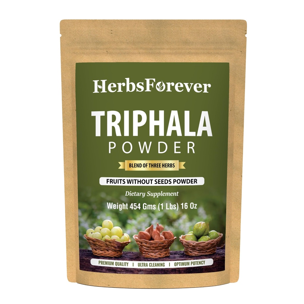 Herbsforever Triphala Churna Powder Tradisional Formasi Ayurvedic Mendukung Detoksifikasi dan Peremajaan Non GMO, Vegan 454 GMS