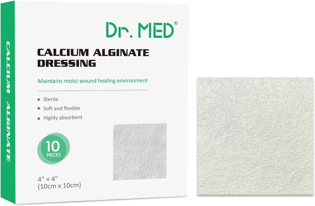 Dr. Med Calcium Alginate Wound Dressing 4 "x4", 10 Individual Pack High Absorpsi Dressing Gauze, Non-Stick Pads, Soft and Comfortable Patch for Wound Care, Faster Healing