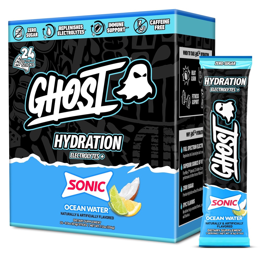 Paket Hidration GHOST, Air Samudera Sonic, 24 Tongkat, Bubuk Elektrolit - Minum Suplemen Mix dengan Magnesium, Posium, Kalsium, Vitamin C - Vegan, Bebas Soy, Gula & Gluten