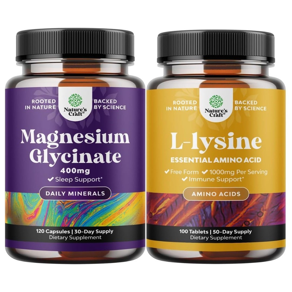 Bundle of Magnesium Glycinate Capsules for Women & Men for Mood and Relaxation and L-lysine Estium Amino Acids for Eye Health Lip Care Bone Dukung Sistem Ammune Dukung Muscle Growth