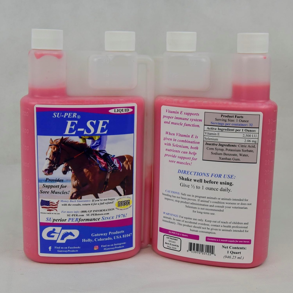 Sul-PER E-Se Horses Antioksidan Tambahan - Vitamin E & Selenium untuk Dukungan Otot Sore - 1 Quart, Persediaan 1 Bulan (30 Hari)