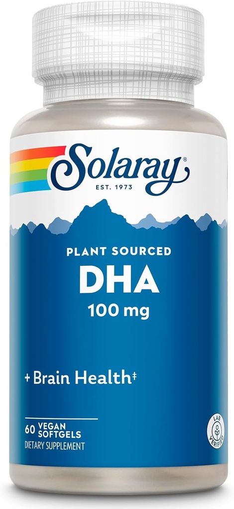 Suplemen SOLARAY DHA 100 mg - D H A Omega 3 Fatty Acids for Wellness Dukung, Prenatal DHA Omega 3 Suptgels - Tanaman Sodiced from Algae Oil - 60- Hari Jaminan, 60 Pelayan, 60 Vegan Softgels 60