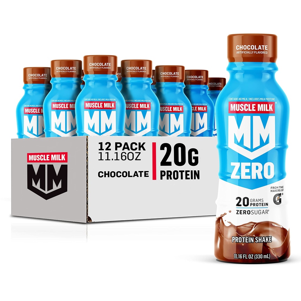 Muscle Milk Zero Protein Shake, Chocolate, 20g Protein, Zero Sugar, 100 Calories, Calsium, Vitamin A, C & D, 4g Fiber, Energizing Snack, Pemulihan Kerja, Paket May Vary, 11.16 Fl Oz (Paket 12)