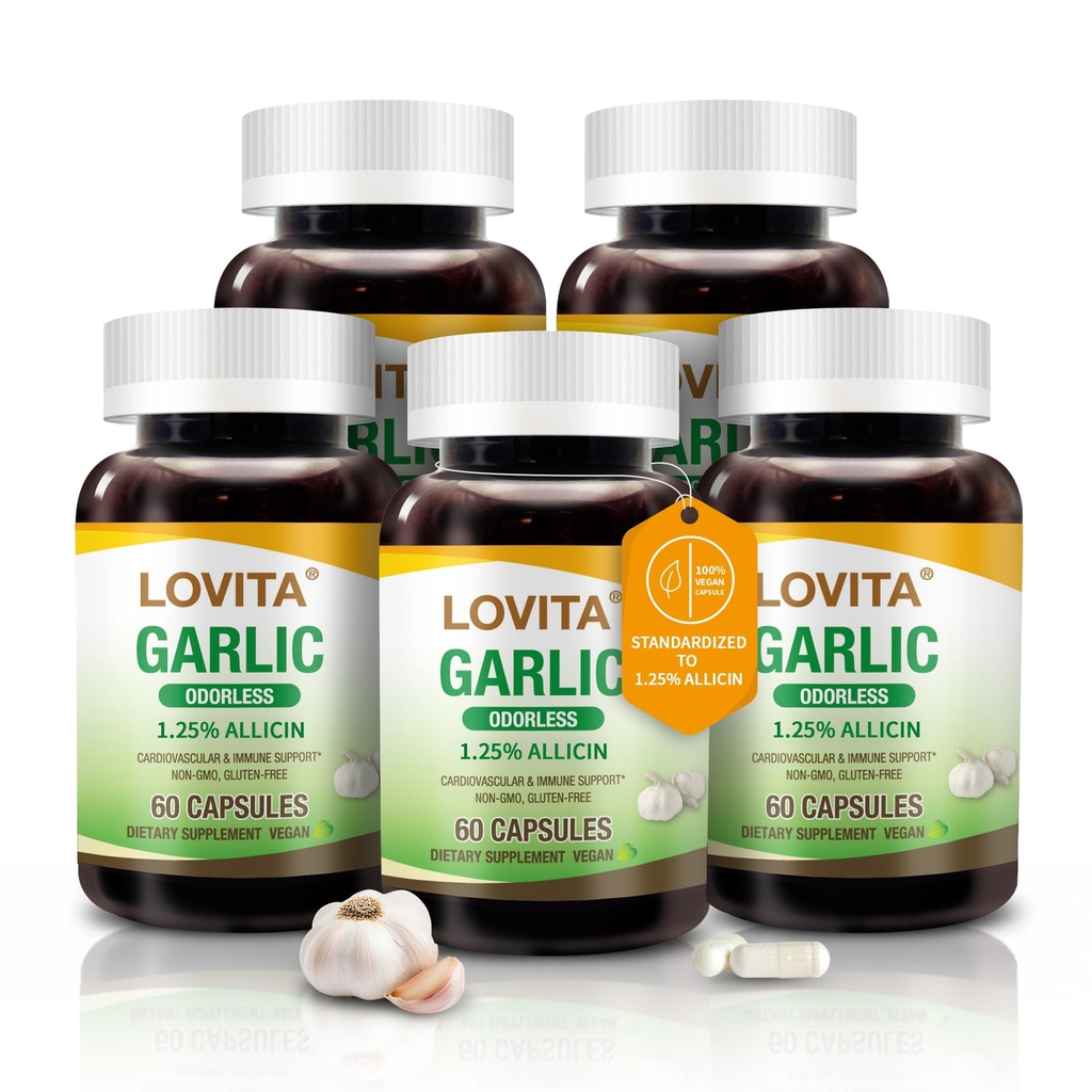 Lovita Odorless Bawang putih Capsules, 5000mg Fresh Requality, 1.25% Extract, Supports Heart, Blood Pressure, Cholesterol & Ammune System, Non-GMO, Gluten- Free, 300 Vegan Capsules