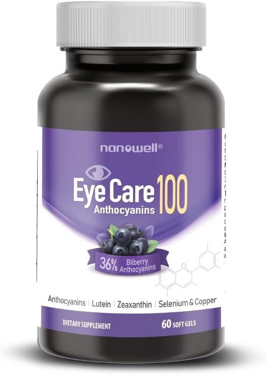 NANOWELL EyeCare Anthocyanins 100 - Perbaikan Kesehatan Mata & Koper - 60 Softgels, Lutein, Anthocyanins, Vitamin A, E, Selenium & Coftgels, 60 Hari Suftgels