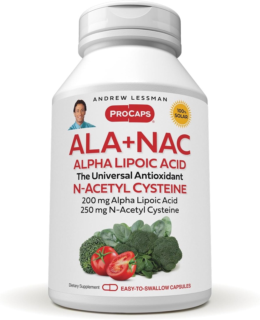 ANDREW LESSMAN ALA + NAC Alpha Lipoic Acid dengan N- Acetyl- Cysteine 180 Kapsul - Potensi Ultra-High, Anti- Oxidant Dukungan untuk Sistem Gugup, Hati, Hati, Hati, Hati, Kidneys, Lungs, Energi. Tidak Ada Alamat