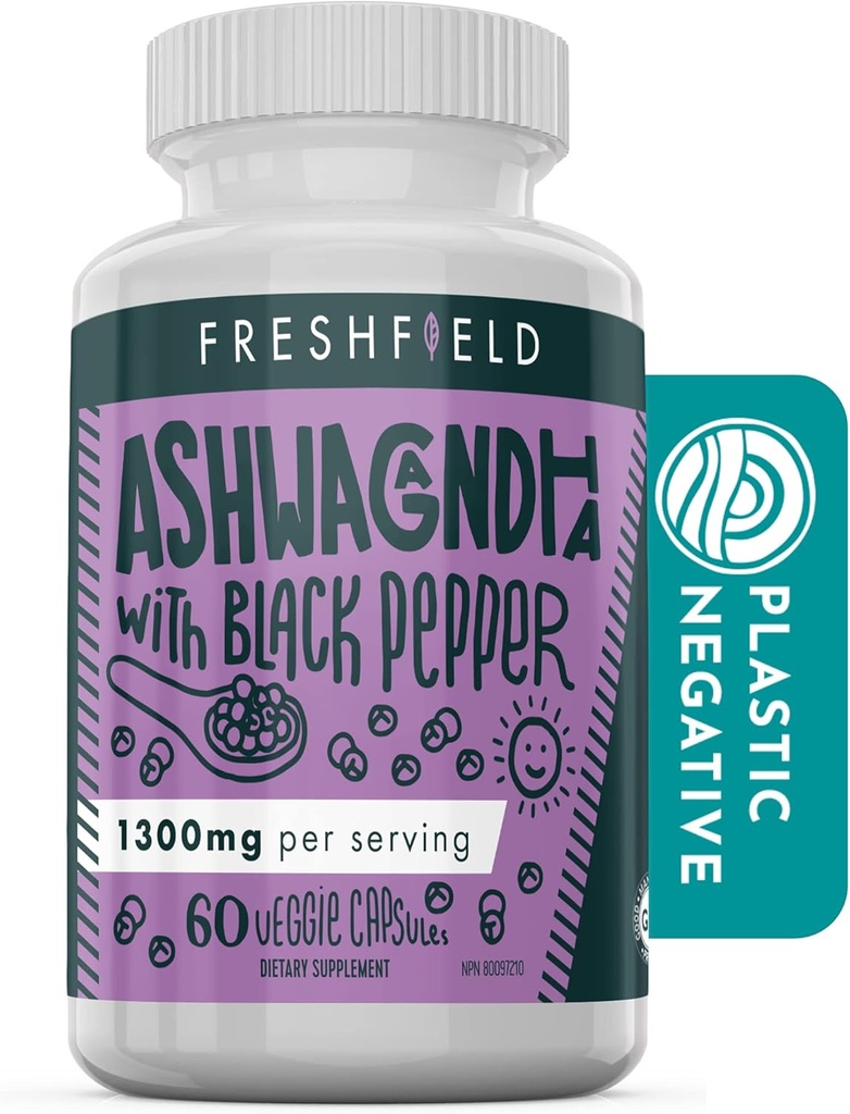 Freshfield Ashwagandha dengan Black Pepper. All Natural 1300mg Capsules