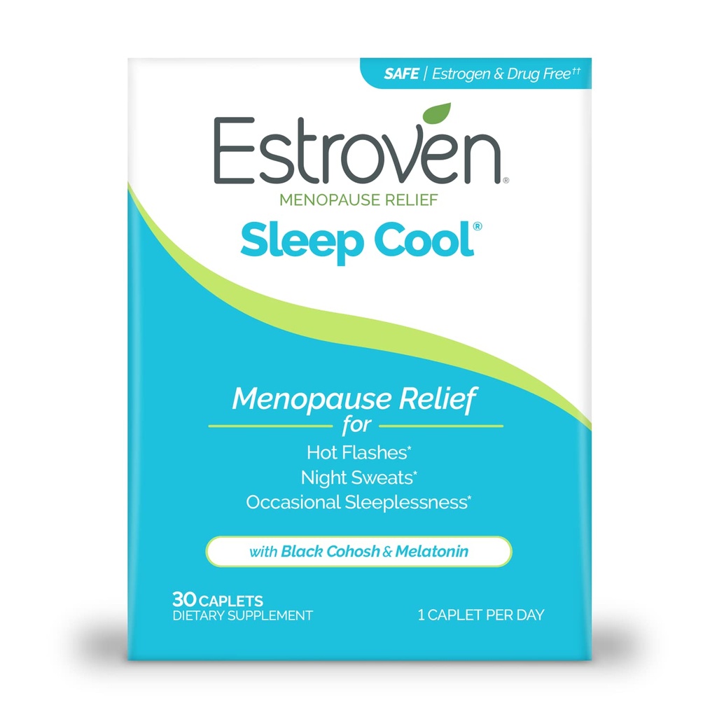 Estroven Sleep Cool for Menopause Relief, 30 Ct, Sleep Support With Clinically Proven Ingreations to Relieve Menopause Sympories plus Night Sweats & Hot Flash Relief, DrugNo & Gluteness