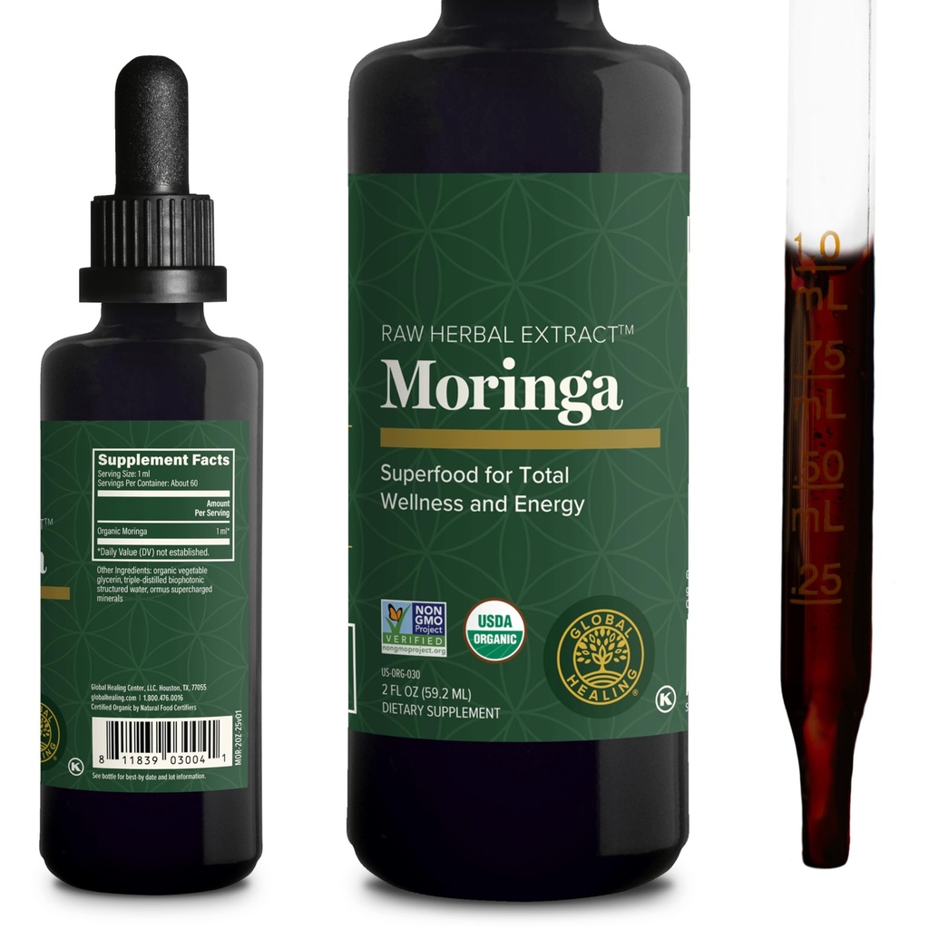 Global Healing Center - Organic Moringa Oleifera Extract Liquid Drops, Moringa Supplication -Vegan dari Tree Leaves - Max Absorpsi Vitamin dan Mineral- Lebih Potensi Dari Bentuk Powder (2 Fl Oz)