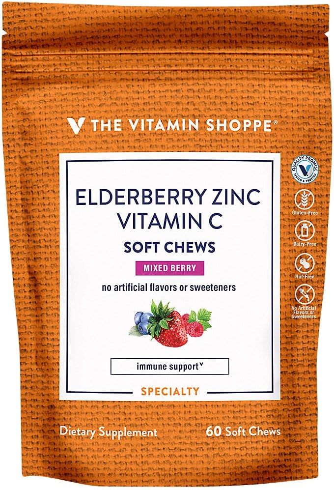 Elderberry, Zinc & Vitamin C Soft Chews - Imune Dukung - Campuran Berry (60 Soft Chews)