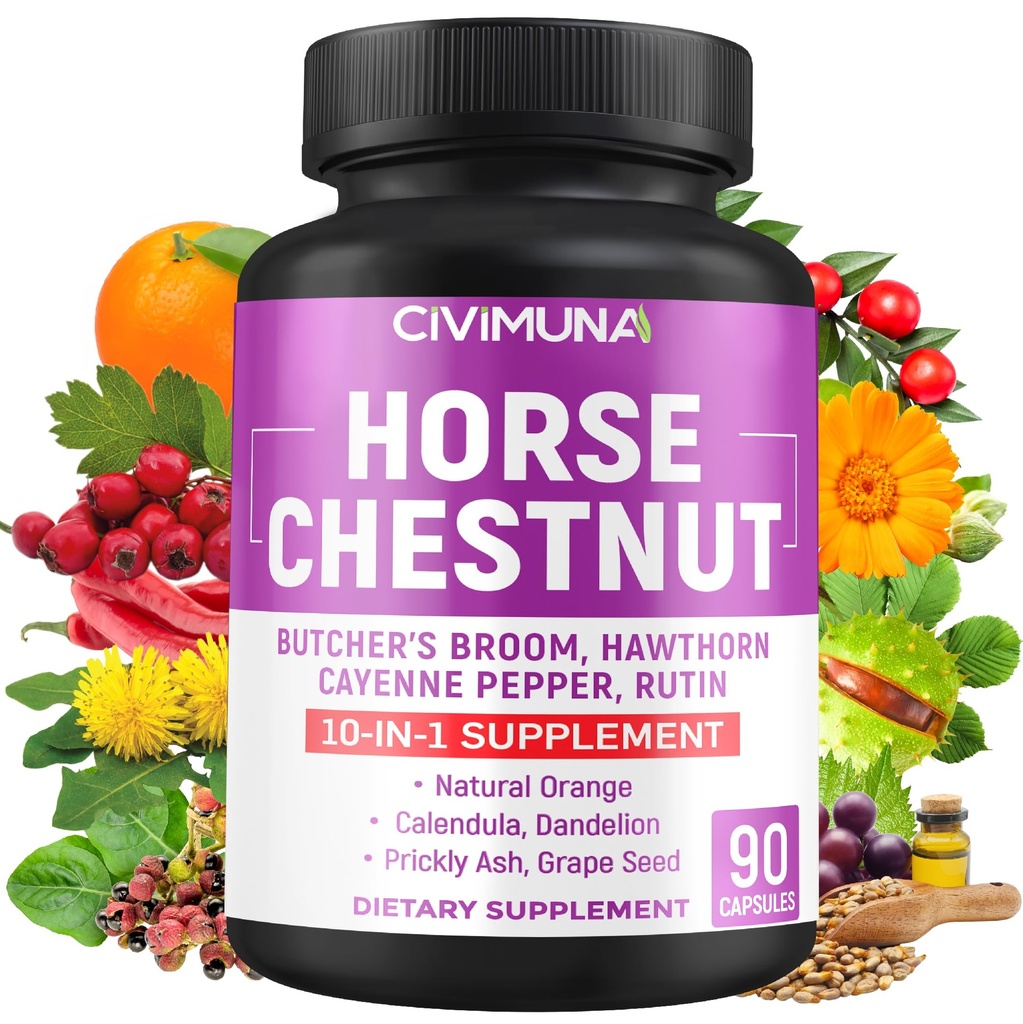 Horse Chestnut Capsules with Horse Chestnut, Butcher 's Broom Root, Cayenne Pepper and More - 90 Capsules for 3 MonthSuply