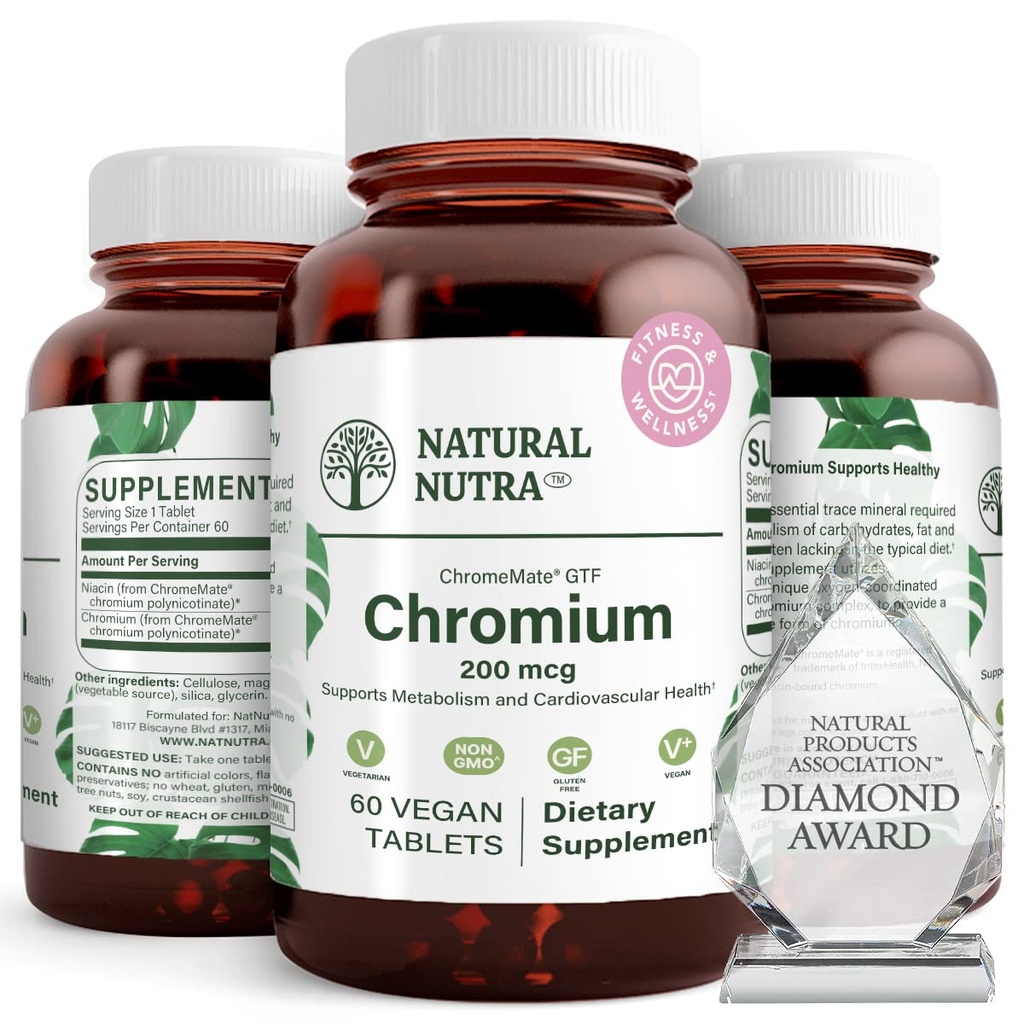 Nuttra Natural GTF Chromium Polynikotinate dengan ChromeMate, Supports Body Metabolisme, Provive Body Health, Cardiovascular Health 200 mcg, 60 Vegan Tablet