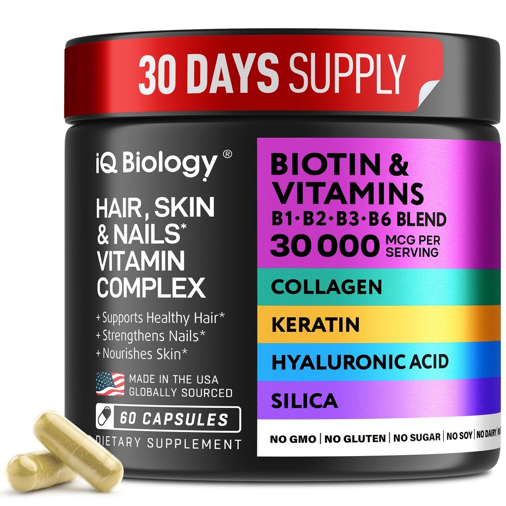 Biotin untuk Pertumbuhan Rambut & Pria dengan Kertin, Kolagen Kompleks Collagen 30000 mcg - Capsules for Rambut Kehilangan & Stronger Thickness