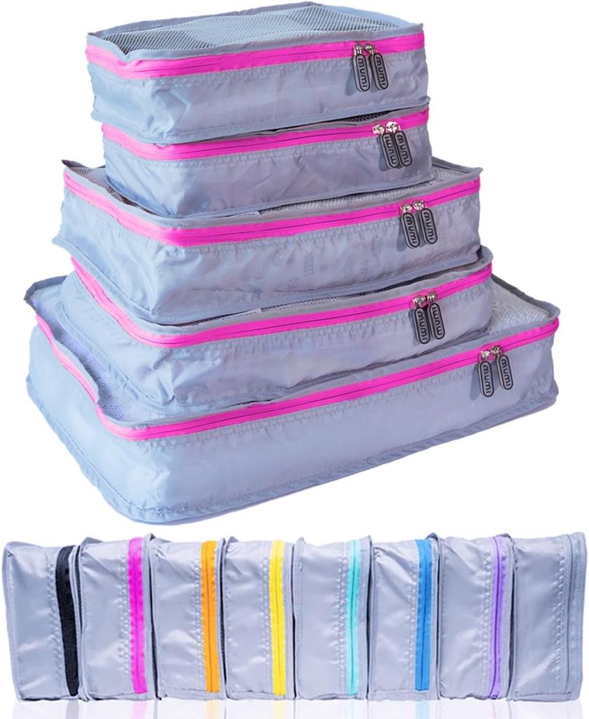 MURI Packing Cubes - 5- Piece Compression Packing Cubes for Travel, Lumerage Organizers for Suitcases, Carry- On Bags, Bags, and Dufful Bags - Space- Saving Travel Essentials - Pink