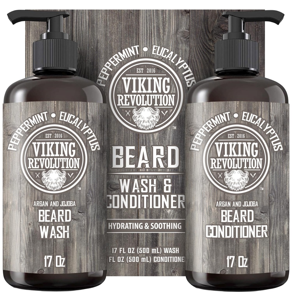 Viking Revolution Beard & Conditioner Set w / Argan & Jojoba Oils - Softens, Smoothes & Strengthens Beard Growth - Natural Peppermint and Eucalyptus Scent - Shamper (17 oz)
