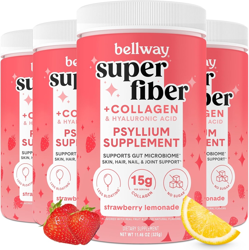 Bellway Super Fiber Powder + Collagen (4 Pack), Sugar-Free Psyllium Husder Powder dengan Collagen Peptides untuk Kesehatan Gut, Sehat Skin, Nails, Bones & Joints, Strawberry Lemonade (45.84 oz)