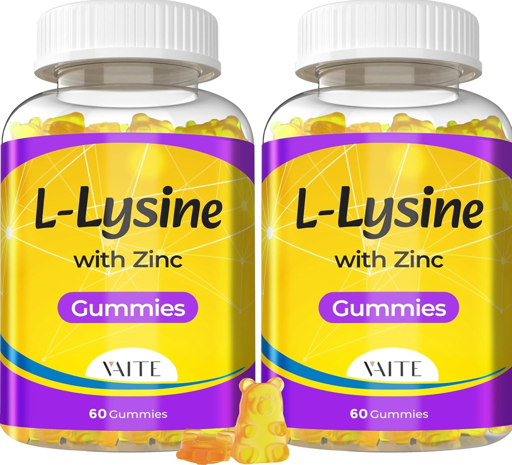 L Lysine Gummies 1000mg dengan Zinc - Mendukung Skin, Lip, Vegan, Gluten Free, 60 Chewable L- Lysine untuk Dewasa, Vitamin Tissuls Health & Imune System, Amino Acid & Complex Suplemen, Non-GMO (2Pack)