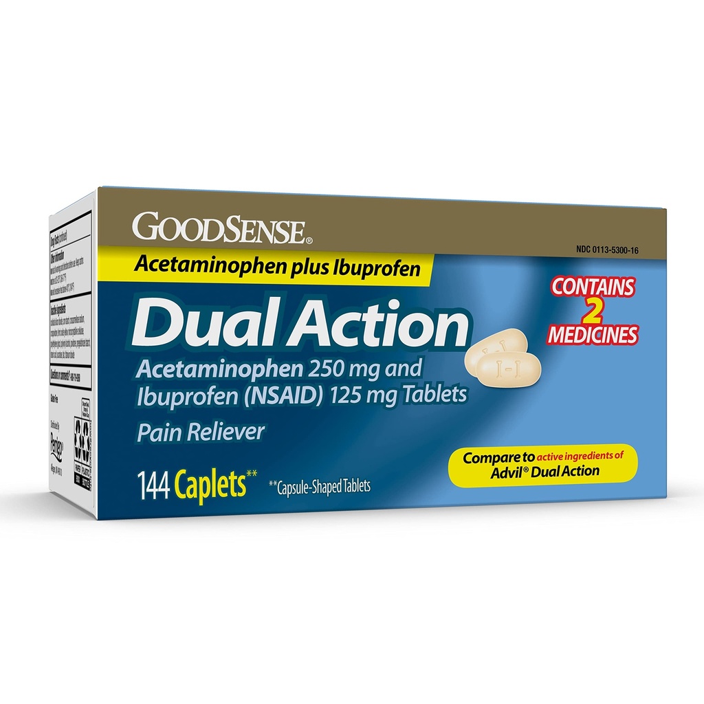 GoodSense Dual Action Acetaminopenhen 250 mg dan Ibuprofen (NSAID) 125 mg Tablets, Suit Reliever for Headache Relief, Arthritis Pain Relief dan More, 144 Count