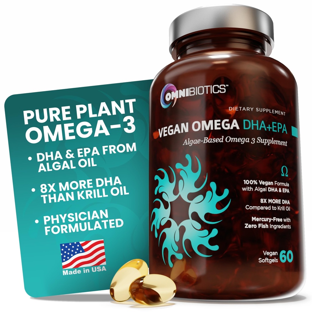 OmniBiotics Vegan Omega 3 DHA EPA Suplement - MD-Plated Prenatal Bersertifikat dengan 8X More DHA Daripada Krill Oil, Fish- Free, Non-GMO - 60 Vegan Capsules