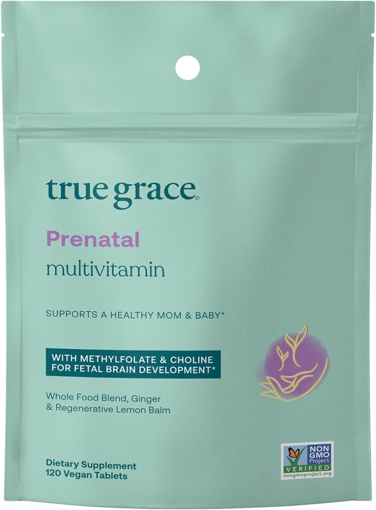 "True Grace Prenatal Multivitamin Refill Pouch - 120 Vegan Tablet - Support a Healthy Mom & Baby with Methylfolat & Choline for Fetal Brain Development - Gluten Free, Soy Free - 60 Servings