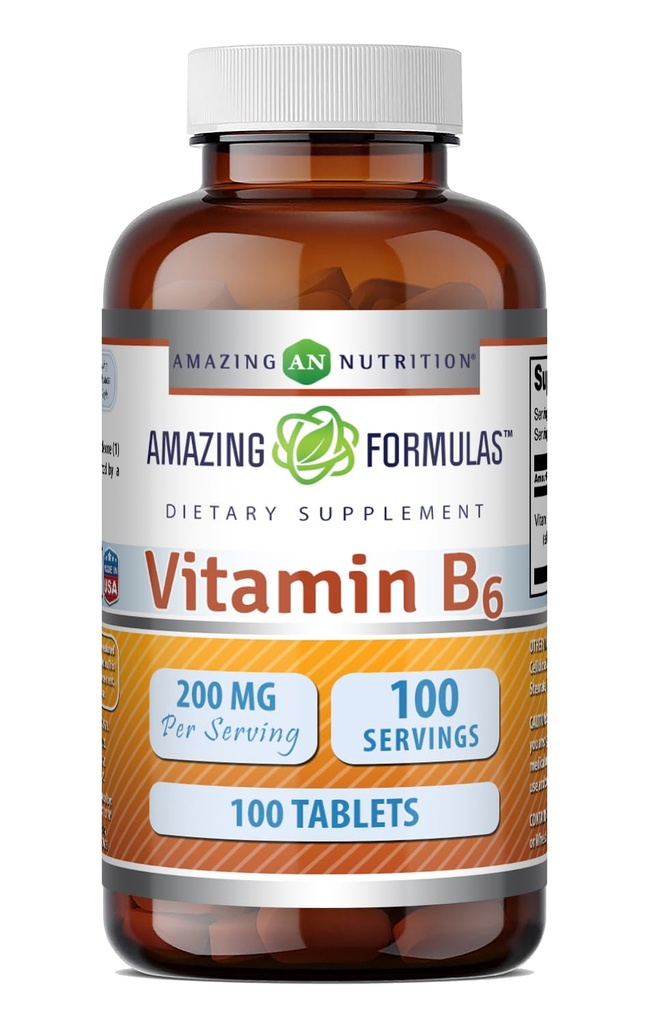 Amazing Formula Vitamin B6 Pyridoxine 200 mg 100 Tablets Supplemen 126; Non-GMO 124; Gluten Free 124; Dibuat di USA